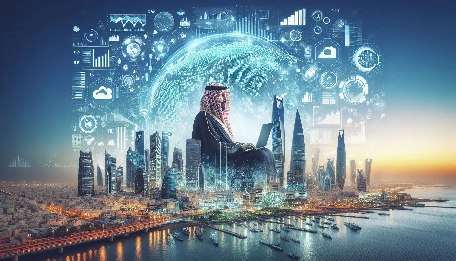 A man working on a laptop in front of a futuristic cityscape, symbolizing digital marketing in jeddah